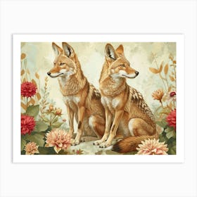 Floral Animal Illustration Coyote 1 Art Print