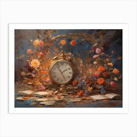 Clock With Flowers Art Print