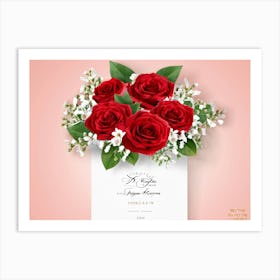 Bouquet Of Deep Red Roses Intertwined With Delicate Babys Breath And Lush Greenery Set Against A (3) Art Print