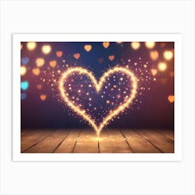 A Glowing, Golden Heart Shape With Stars On A Dark Background, With Bokeh Hearts Behind It Art Print