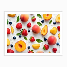 A Flat Lay Composition Of Fresh Fruit, Including Peaches, Strawberries, Blueberries, And Leaves, Arranged On A White Background, Creating A Visually Appealing Pattern Art Print