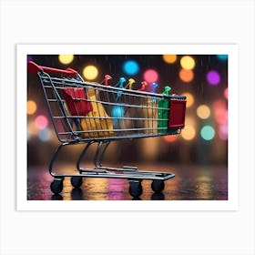 A Shopping Cart Filled With Shopping Bags Stands On A Wet, Reflective Surface With Colorful Bokeh Lights And Falling Rain In The Background 1 Art Print