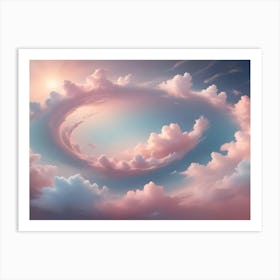 A Dreamy And Ethereal Image Of Pink And White Clouds Forming A Circle In A Blue Sky With A Golden Sun Shining Through Art Print