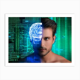 Abstract Portrait Of A Cyborg Man With A Human Profile Merging Into A Cubic Brain Showcasing The Co (4) Art Print