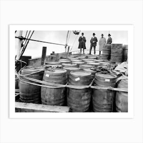 Beer Barrels on Boat, Prohibition, Vintage  Black and White Old Photo Art Print