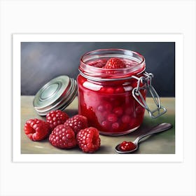 Jar Of Raspberry Jam With Raspberries And Spoon Art Print