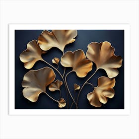 Refined 3d Floral Art with Golden Ginkgo Biloba Leaves on Dark Background 3 Art Print