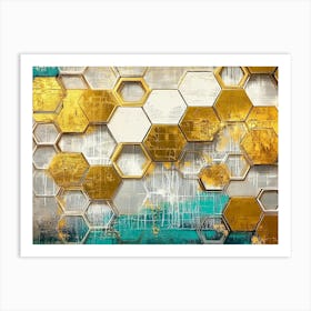 A Rich Oil On Golden Hexagons, White Lattice, And Splashes Art Print