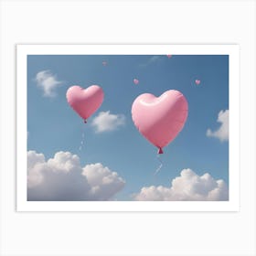 Two Pink Heart Balloons Floating In The Sky With White Clouds Art Print