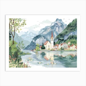 Swiss Alps Lake Landscape Watercolour Art Print