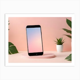 Photo Of A Smartphone On A Pink Stand With Plants And A Pink Background Art Print