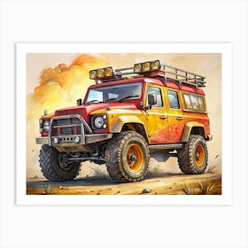 Red Off Road Vehicle With Yellow Details And A Rooftop Rack Art Print