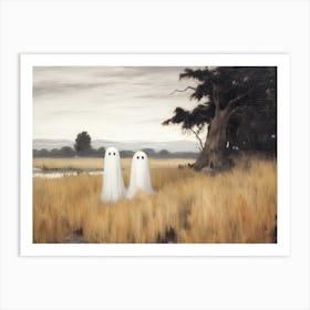 Cute Bedsheet Ghosts In Flower Landscape Vintage Style, Halloween Spooky Art Print