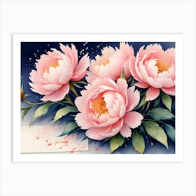 Pink Peonies With Green Leaves And A Blank Card On A Dark Blue Background Art Print