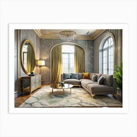 Elegant Living Room With Golden Accents And Green Curtains Art Print