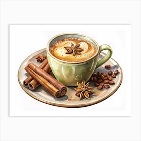 Watercolor Illustration Of A Cup Of Coffee With Spices 1 Art Print