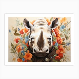 Vintage Rhino In Flowers Art Print