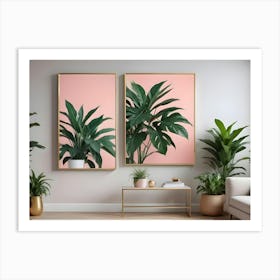 A Modern Living Room Interior Featuring A Light Grey Wall With Two Framed Prints Of Tropical Plants Against A Pink Background Art Print