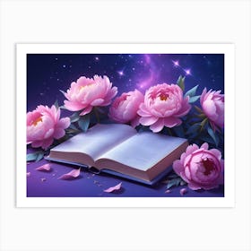 A Painting Of Pink Peonies With An Open Book, Surrounded By Stars On A Purple Background Art Print