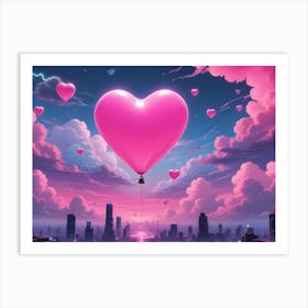 Heart Shaped Balloon Flying Over A City At Sunset Art Print