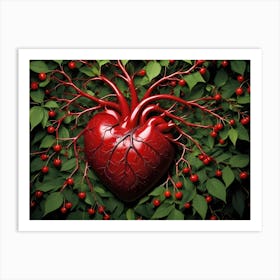 An Anatomical Human Heart, Intertwined With Cherry Branches And Leaves Art Print