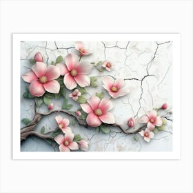 3d Cracked Wall Flowers Art Print