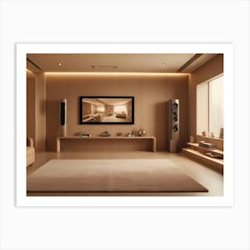 A Living Room With Beige Walls, A Beige Couch, A Coffee Table, A Large Screen Television, And Two Floor Standing Speakers Art Print