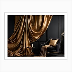 Curving Gold Drapery Cascades Down A Rich Brown Wall The Silken Material Emulating The Fluidity And (4) Art Print