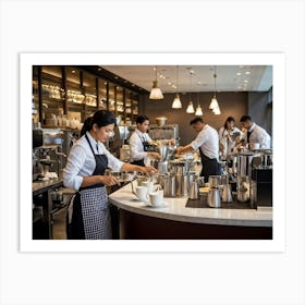 Cafeteria Interior Bustling With Activity Baristas In Checkered Aprons Preparing Espresso Drinks P (1) 2 Art Print