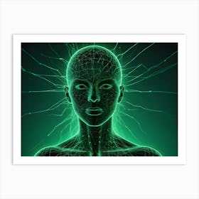 A Wireframe Rendering Of A Woman S Head With Glowing Green Lines Extending From It, Resembling A Neural Network Or A Digital Mind Art Print