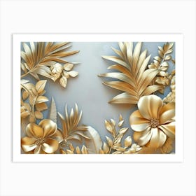 Gold Floral Plants And Palm Leaves Art, 3d Illustration, Grey Background, Abstract Tropical Leaves, Banana 1 Art Print