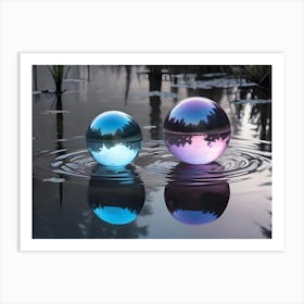 Two Glass Orbs Floating On A Still Pond, Reflecting The Surrounding Trees And Sky Art Print