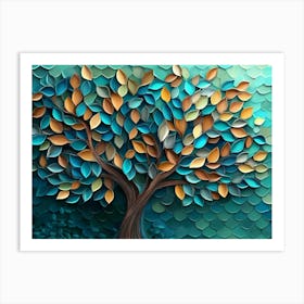 3d Tree Artwork with Swirling Turquoise, Blue, And Brown Leaves, Dynamic Green Hexagon Art Print