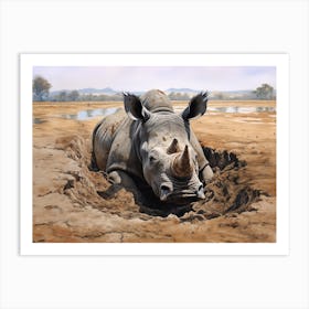 Black Rhinoceros Muddy Wallowing Realism 2 Art Print