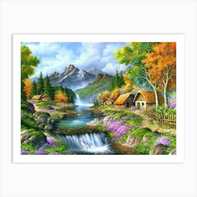 Waterfall In The Mountains Art Print