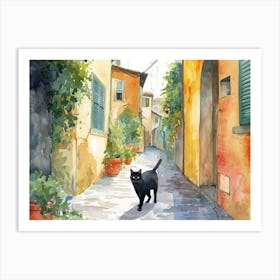 Black Cat In Reggio Calabria, Italy, Street Art Watercolour Painting 1 Art Print