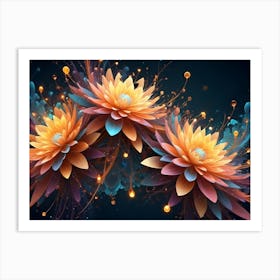 Three Glowing Flowers With Ethereal, Translucent Petals In Shades Of Orange, Blue, And Purple Bloom Against A Dark Background With Sparkling Particles Art Print