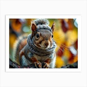 Close Up Of A Squirrel Adorned With A Knitted Hat And Scarf Perched On A Gnarled Branch Amidst The Art Print