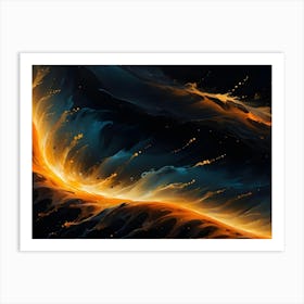 Abstract Image Of Swirling, Fluid Shapes In Blue And Orange Hues Against A Dark Background, Evoking A Sense Of Energy And Motion Art Print