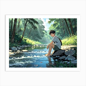 Boy Sitting By A Stream Art Print