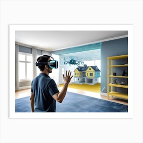 A Man Wearing A Vr Headset Interacts With A Holographic Projection Of A House Interior Design Art Print