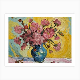 A Painting Of Pink Flowers In A Blue Vase Art Print