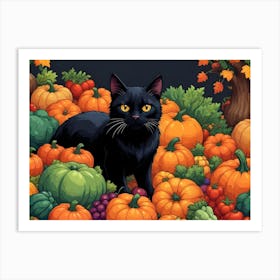 Black Cat Sitting In A Pile Of Pumpkins 1 Art Print