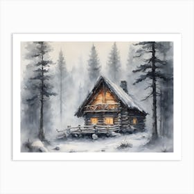 Loghouse In Winter Forest Art Print