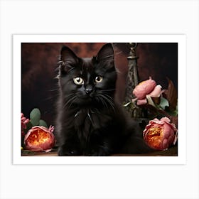 Black Cat With Flowers 1 Art Print