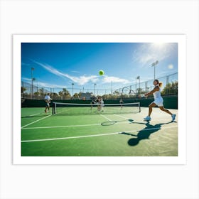 Tennis Match Showcasing An Active Lifestyle Bathed In The Golden Glow Of The Sun Action Packed Mome (3) Art Print