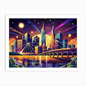 Vibrant Cityscape At Sunset With Bridge And River Art Print