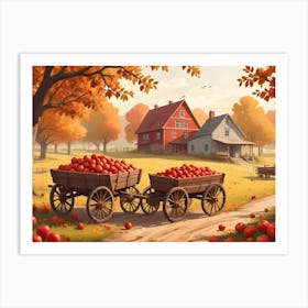 Two Horse Drawn Wagons Filled With Apples In A Rural Setting Art Print