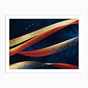 A Cosmic, Abstract Background With Two Ribbons Of Golden And Red Fabric Swirling Through A Starry Night Sky Art Print