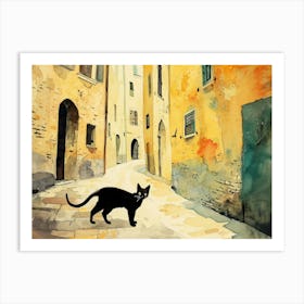 Black Cat In Arezzo, Italy, Street Art Watercolour Painting 1 Art Print